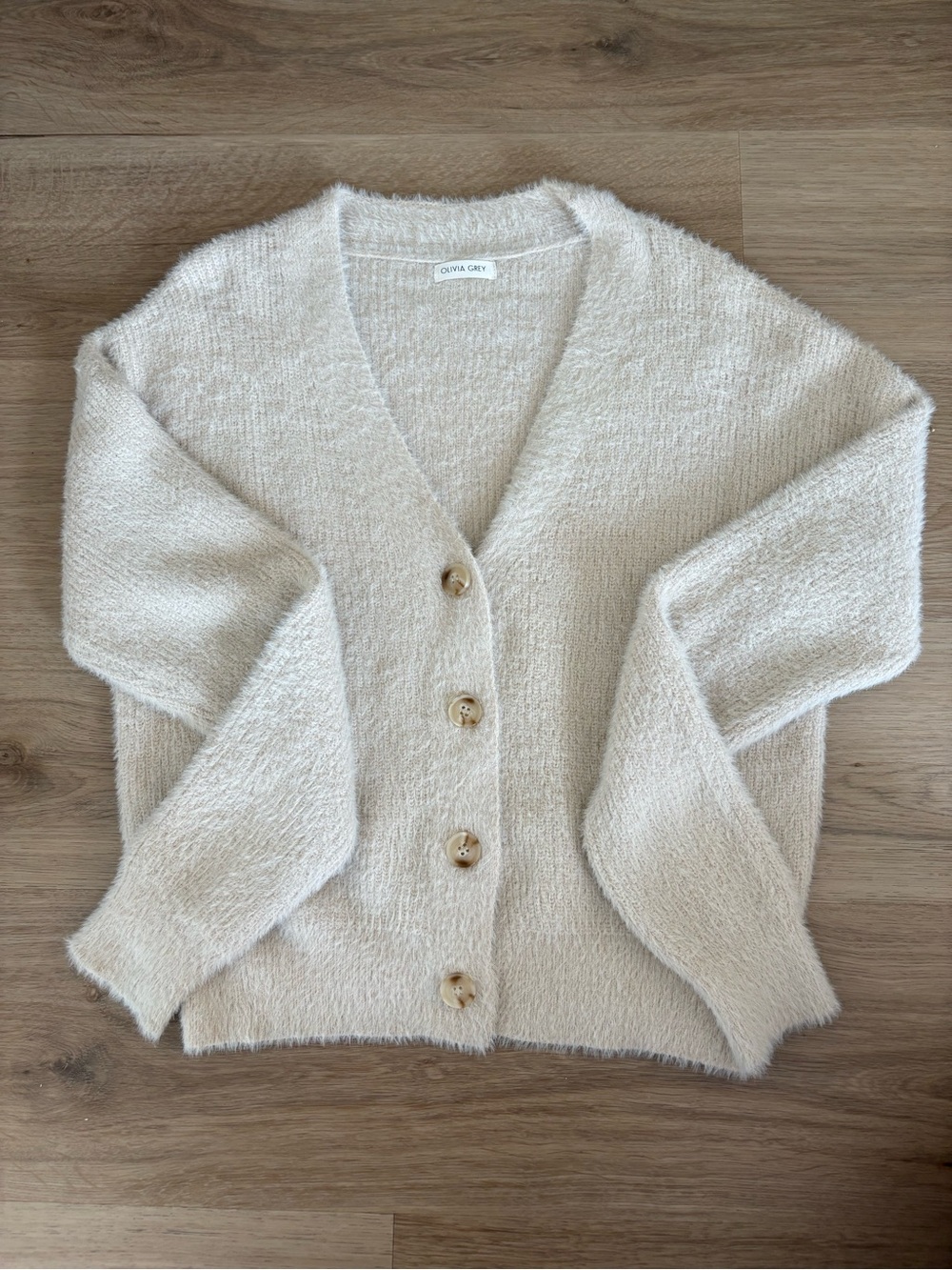 Cream Fuzzy V-Neck Button Cardigan